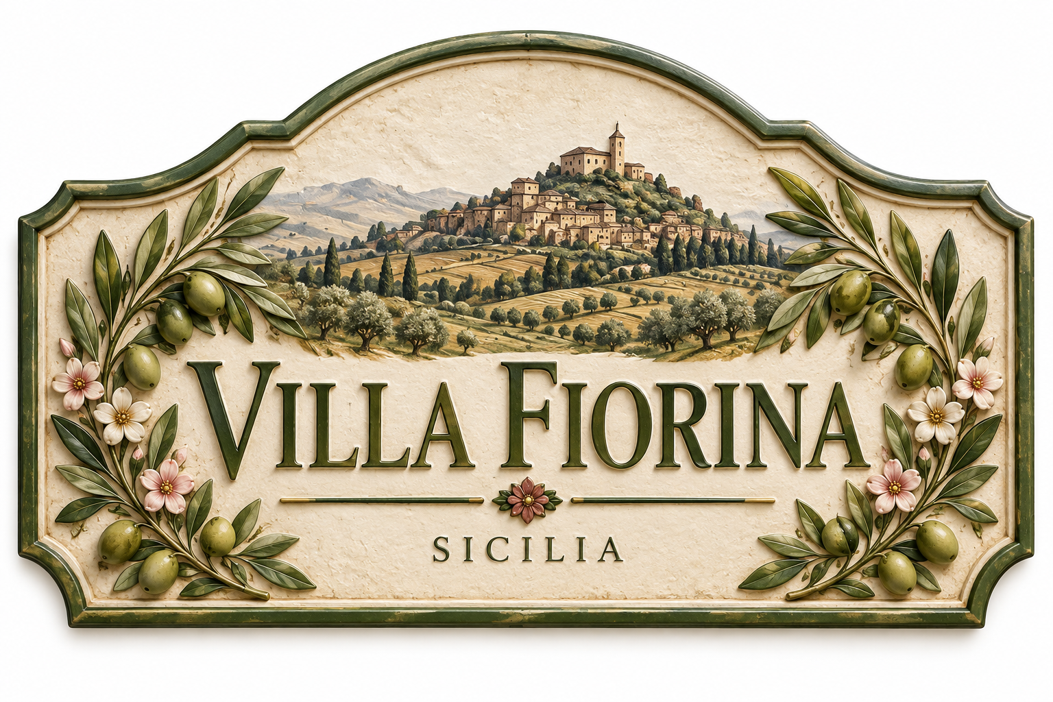 AI-generated Villa Fiorina sign concept, not a completed sign