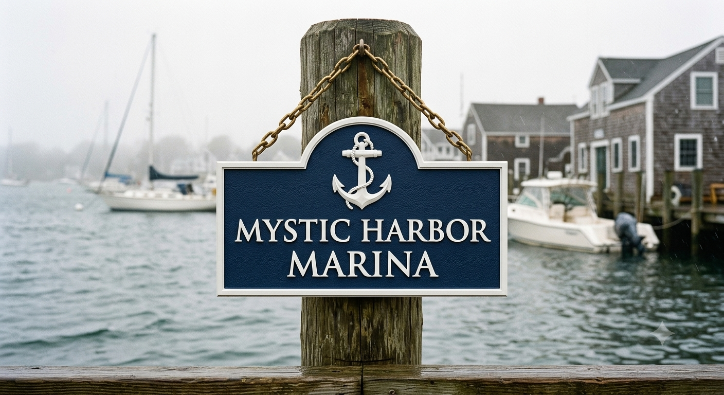 Mystic Harbor Marina hanging sign
