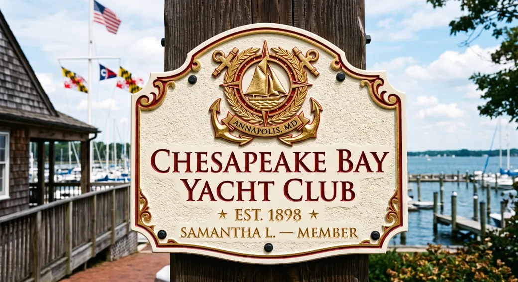 Chesapeake Bay Yacht Club crest sign with carved details