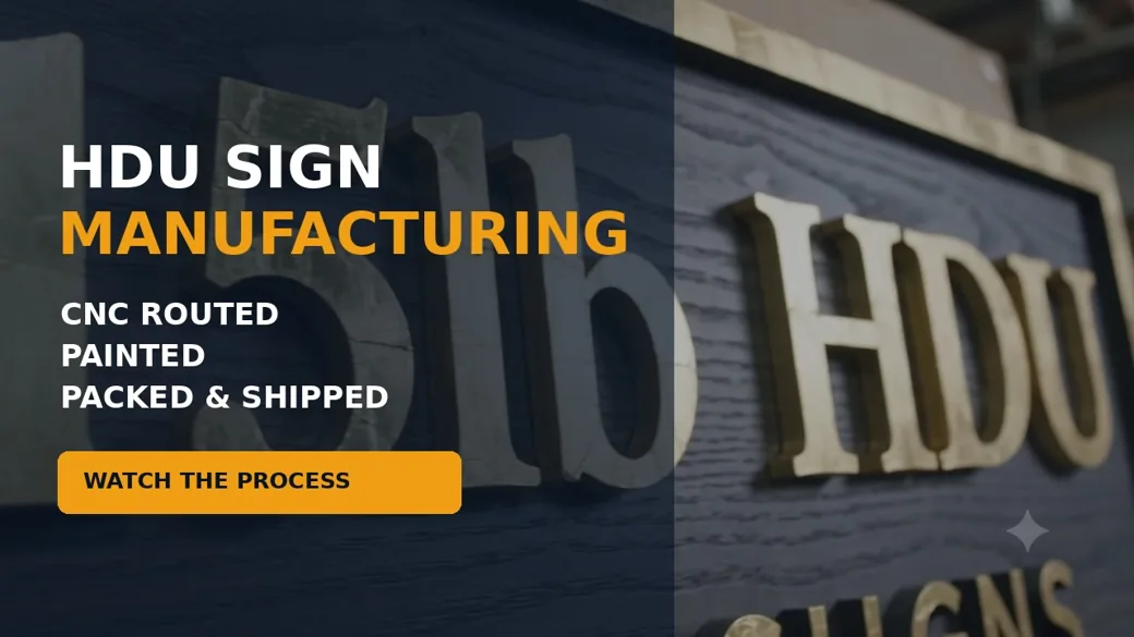 HDU sign manufacturing video showing CNC routing, finishing, packaging and shipping